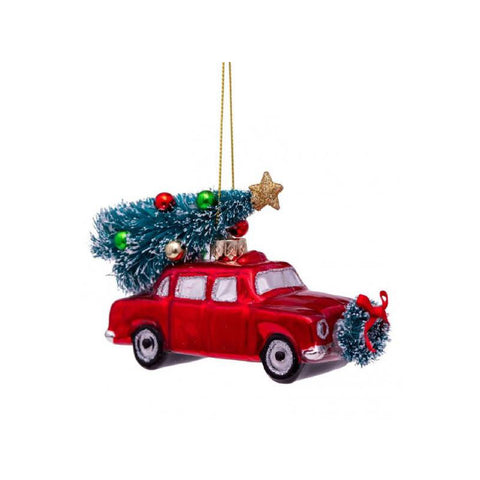 Red Car With Christmas Tree Ornament Glass 玻璃聖誕掛飾