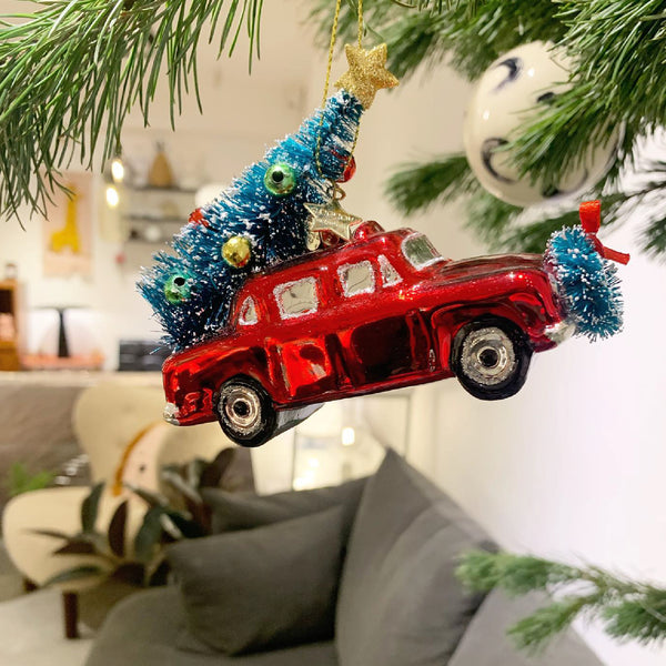 Red Car With Christmas Tree Ornament Glass 玻璃聖誕掛飾